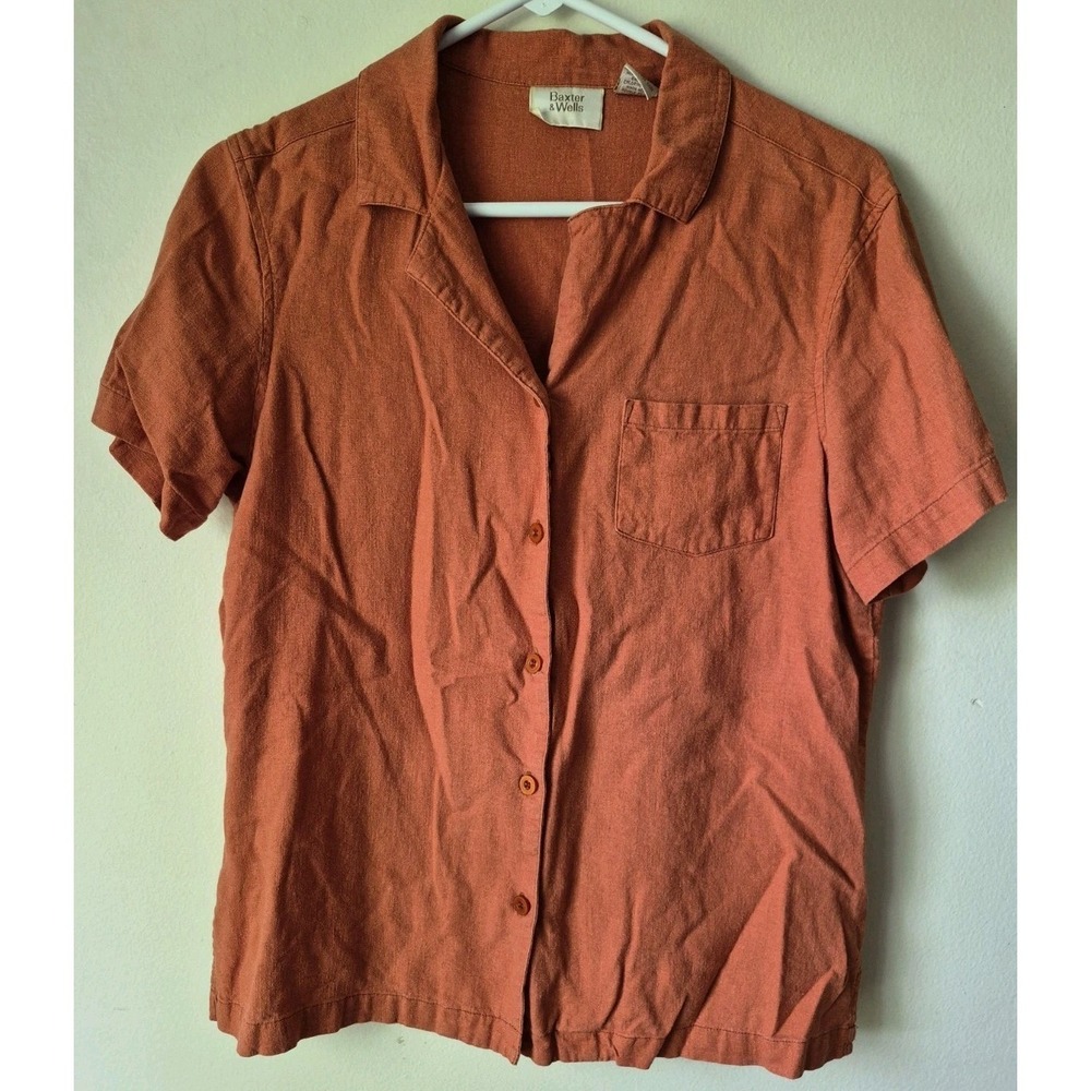 Baxter & Wells Women's Notched Collar Linen Blend Button Up Short Sleeve Size M